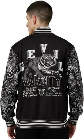 Go Devil Men's Tiger Printed Varsity Bomber Jacket with Button Closure Comfortable Stylish Outerwear for College and Travel in Saudi Arabia