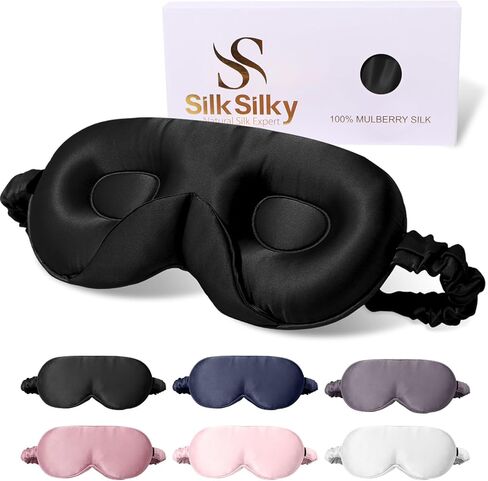 قناع النوم SilkSilky 100% 22 Momme Mulberry Silk - قناع عين محيطي ثلاثي الأبعاد مطور مع وسادات جناح الأنف وحزام قابل للتعديل، غطاء فاخر للعين معتم للنساء والرجال (أسود) in Kuwait