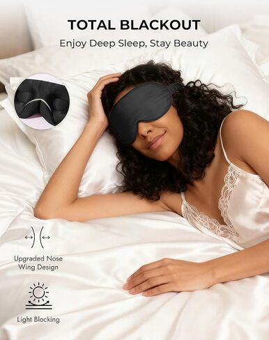 قناع النوم SilkSilky 100% 22 Momme Mulberry Silk - قناع عين محيطي ثلاثي الأبعاد مطور مع وسادات جناح الأنف وحزام قابل للتعديل، غطاء فاخر للعين معتم للنساء والرجال (أسود) in Kuwait