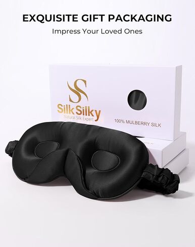 قناع النوم SilkSilky 100% 22 Momme Mulberry Silk - قناع عين محيطي ثلاثي الأبعاد مطور مع وسادات جناح الأنف وحزام قابل للتعديل، غطاء فاخر للعين معتم للنساء والرجال (أسود) in Kuwait