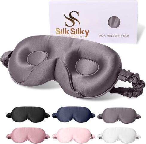 قناع النوم SilkSilky 100% 22 Momme Mulberry Silk - قناع عين محيطي ثلاثي الأبعاد مطور مع وسادات جناح الأنف وحزام قابل للتعديل، غطاء فاخر للعين معتم للنساء والرجال (أسود) in Kuwait