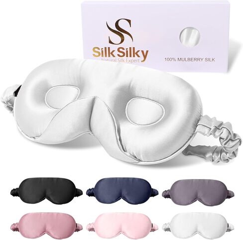 قناع النوم SilkSilky 100% 22 Momme Mulberry Silk - قناع عين محيطي ثلاثي الأبعاد مطور مع وسادات جناح الأنف وحزام قابل للتعديل، غطاء فاخر للعين معتم للنساء والرجال (أسود) in Kuwait