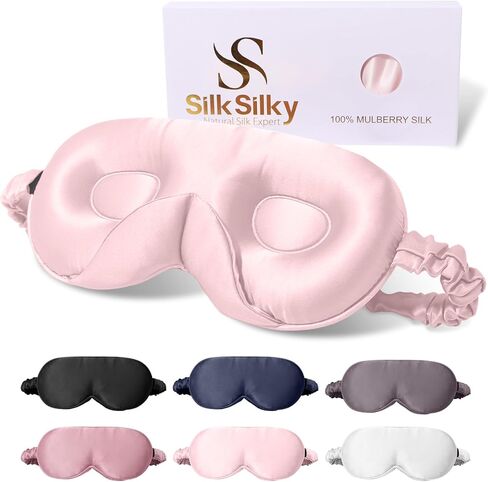 قناع النوم SilkSilky 100% 22 Momme Mulberry Silk - قناع عين محيطي ثلاثي الأبعاد مطور مع وسادات جناح الأنف وحزام قابل للتعديل، غطاء فاخر للعين معتم للنساء والرجال (أسود) in Kuwait