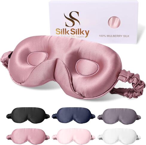 قناع النوم SilkSilky 100% 22 Momme Mulberry Silk - قناع عين محيطي ثلاثي الأبعاد مطور مع وسادات جناح الأنف وحزام قابل للتعديل، غطاء فاخر للعين معتم للنساء والرجال (أسود) in Kuwait