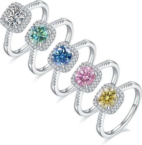 White/Pink/Yellow/Green/Black/Blue Moissanite Rings Wedding Promise Ring for Women 18K White Gold Plated 925 Sterling Silver 6.5mm Moissanite Halo Engagement Rings Christmas Gifts for Her(Size 5-10) in Saudi Arabia