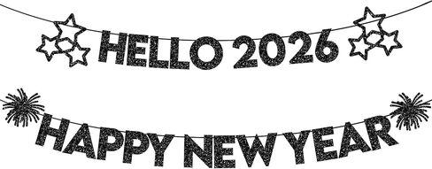 KatchOn, Glitter Black Happy New Year Banner 2025-10 Feet, No DIY | Hello 2025 Banner for Happy New Year Decorations 2025 | New Years Banner, New Years Eve Party Supplies 2025 | NYE Decorations 2025 in Saudi Arabia