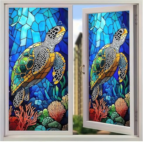 Stained Glass Window Film Colorful Sea Turtle Window Privacy Film Stained Decals Static Cling Sun Blocking Decor for Home Office Windows Doors Glass Partitions 17.7x39.3 inch in Saudi Arabia