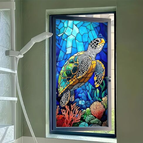 Stained Glass Window Film Colorful Sea Turtle Window Privacy Film Stained Decals Static Cling Sun Blocking Decor for Home Office Windows Doors Glass Partitions 17.7x39.3 inch in Saudi Arabia