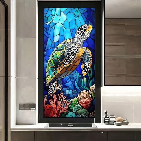 Stained Glass Window Film Colorful Sea Turtle Window Privacy Film Stained Decals Static Cling Sun Blocking Decor for Home Office Windows Doors Glass Partitions 17.7x39.3 inch in Saudi Arabia