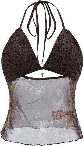 Women's Summer Paisley Print Halter Top Boho Tie Back Deep V Neck Rave Tops Beach Vacation Clothes in Saudi Arabia