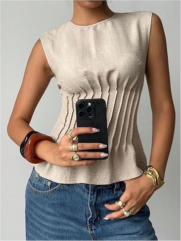 Milumia Women's Linen Tunic Pleated Tank Top Sleeveless Round Neck Blouses Summer Going Out Shirt in Saudi Arabia