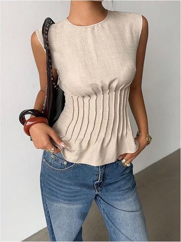 Milumia Women's Linen Tunic Pleated Tank Top Sleeveless Round Neck Blouses Summer Going Out Shirt in Saudi Arabia