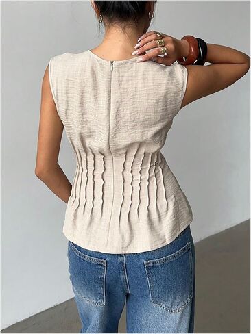 Milumia Women's Linen Tunic Pleated Tank Top Sleeveless Round Neck Blouses Summer Going Out Shirt in Saudi Arabia
