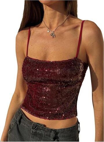 قطع علوية نسائية من MakeMeChic Y2K مُزينة بالترتر ومطرزة بشكل سباركلي ملابس الحفلات الموسيقية اللامعة والحفلات المفتوحة من الخلف قطع علوية قصيرة أنيقة in Kuwait