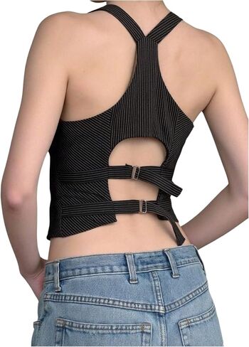 Women's Striped Cut Out Open Back Waistcoat Button Down V Neck Sleeveless Crop Vest Top in Saudi Arabia
