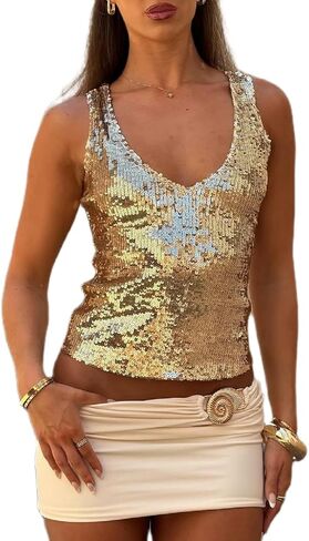 Sequin Tank Tops for Women Y2k Sleeveless Sparkly Glitter Cami Crop Top Sexy Summer Beach Party Clubwear in Saudi Arabia