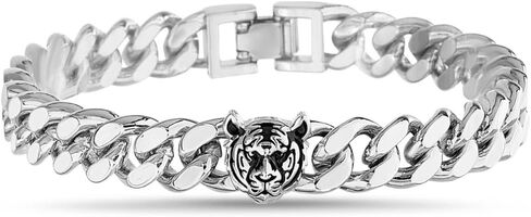 True Religion Tiger Head Charm 9 Inch 10mm Wide Cuban Chain Bracelet for Men Rhodium Plated Brass in Saudi Arabia