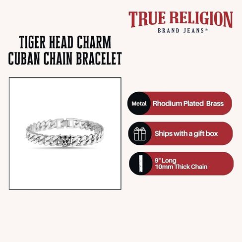 True Religion Tiger Head Charm 9 Inch 10mm Wide Cuban Chain Bracelet for Men Rhodium Plated Brass in Saudi Arabia