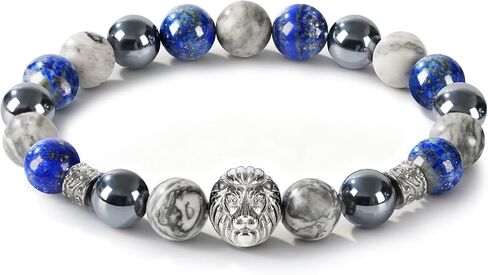 Men's Beaded Bracelet, 10MM Elastic Adjustable Natural Gemstone Bracelet with Stainless Steel Lion Head, Symbolizing Courage & Strength, Gift for Men, Anniversary, Thanksgiving, Christmas, Lapis Lazuli/Map Stone/Terahertz/Hematite/Tiger Eye/Black Onyx/Sno in Saudi Arabia