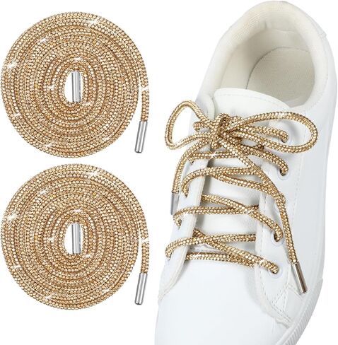 2Pcs Rhinestone Gold Shoe Laces, Round Glitter Shoe Laces for Sneakers, Crystal Bling Diamond Rope Shoes Strings(Gold) in Saudi Arabia
