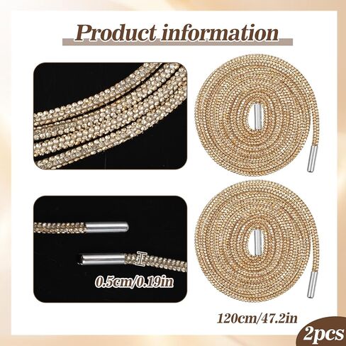 2Pcs Rhinestone Gold Shoe Laces, Round Glitter Shoe Laces for Sneakers, Crystal Bling Diamond Rope Shoes Strings(Gold) in Saudi Arabia
