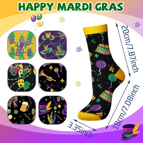 Janmercy 6 Pairs Mardi Gras Socks Gift for Women Men Funny Novelty Contrast Color Mask Clown Casual Crew Sock Mardi Gras Gift in Saudi Arabia