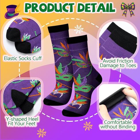 Janmercy 6 Pairs Mardi Gras Socks Gift for Women Men Funny Novelty Contrast Color Mask Clown Casual Crew Sock Mardi Gras Gift in Saudi Arabia