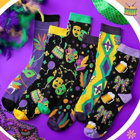 Janmercy 6 Pairs Mardi Gras Socks Gift for Women Men Funny Novelty Contrast Color Mask Clown Casual Crew Sock Mardi Gras Gift in Saudi Arabia