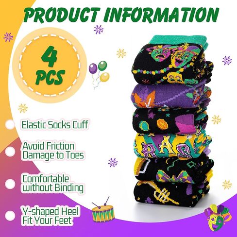 Janmercy 6 Pairs Mardi Gras Socks Gift for Women Men Funny Novelty Contrast Color Mask Clown Casual Crew Sock Mardi Gras Gift in Saudi Arabia