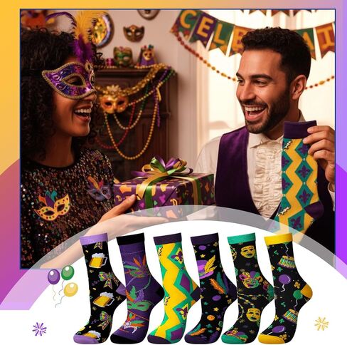 Janmercy 6 Pairs Mardi Gras Socks Gift for Women Men Funny Novelty Contrast Color Mask Clown Casual Crew Sock Mardi Gras Gift in Saudi Arabia