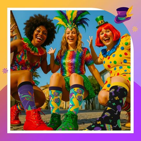 Janmercy 6 Pairs Mardi Gras Socks Gift for Women Men Funny Novelty Contrast Color Mask Clown Casual Crew Sock Mardi Gras Gift in Saudi Arabia