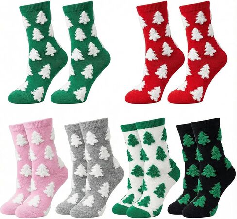 6 Pairs Pink Christmas Socks for Women Fuzzy Tree Pattern Cotton Stocking Novelty Cute Crew Sock for Holiday Girl Gift in Saudi Arabia