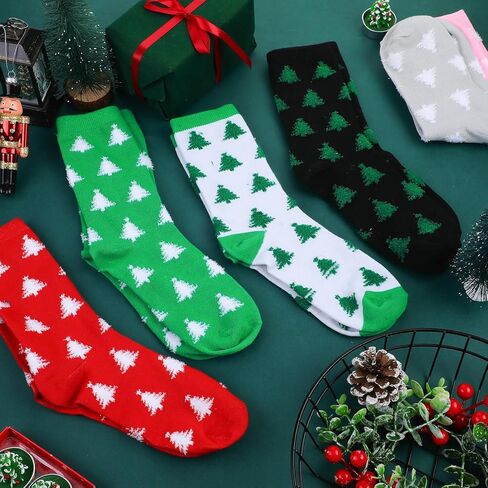 6 Pairs Pink Christmas Socks for Women Fuzzy Tree Pattern Cotton Stocking Novelty Cute Crew Sock for Holiday Girl Gift in Saudi Arabia