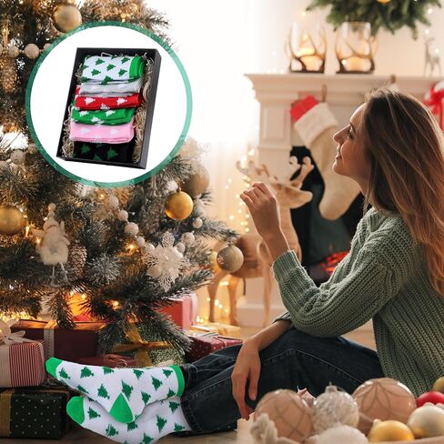 6 Pairs Pink Christmas Socks for Women Fuzzy Tree Pattern Cotton Stocking Novelty Cute Crew Sock for Holiday Girl Gift in Saudi Arabia