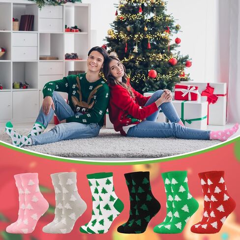 6 Pairs Pink Christmas Socks for Women Fuzzy Tree Pattern Cotton Stocking Novelty Cute Crew Sock for Holiday Girl Gift in Saudi Arabia