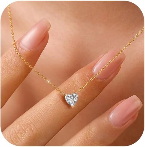 Cubic Zirconia Choker Heart Shaped Diamond Necklace for Women, 925 Sterling Silver Minimalist Heart Necklace for Mother 14k Gold Plated Dainty Tiny CZ Love Pendant Necklace Teacher Bride Wedding Valentines Day Jewelry Gift in Saudi Arabia