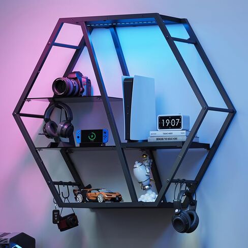 رف الألعاب العائم مع مصابيح LED، أرفف الألعاب المثبتة على الحائط، رف عرض LED سداسي للجدار، حامل لوح زجاجي مع 4 خطافات، أسود قوي FSHS130K01 in Saudi Arabia