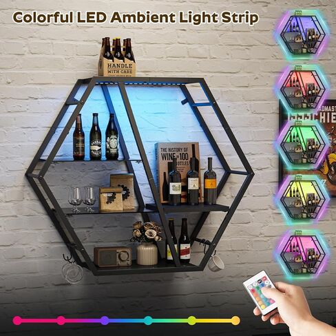 رف الألعاب العائم مع مصابيح LED، أرفف الألعاب المثبتة على الحائط، رف عرض LED سداسي للجدار، حامل لوح زجاجي مع 4 خطافات، أسود قوي FSHS130K01 in Saudi Arabia