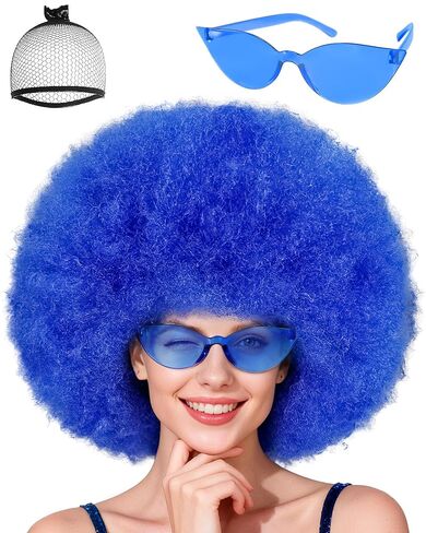 JoneTing Magenta Pink Afro Wig 【+Hair Cap +Sunglasses】 Pink Funny Crazy Party Wigs for Women Pinky Fluffy Wigs Magenta Pinked Disco Hippie Hair for Halloween Christmas Cosplay Costume Outfit in Saudi Arabia