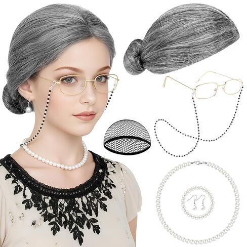 PLULON 7Pcs Grandma Wig Old Lady Costume Set, Gray Funny Wig with Cap Granny Accessories for 100 Days of School Costume Halloween Fun Cosplay Party Supplies in Saudi Arabia