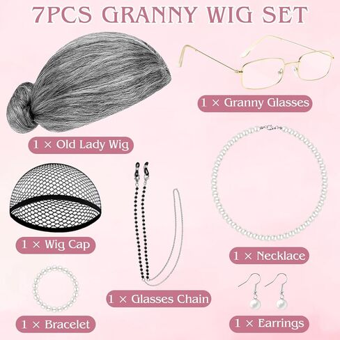 PLULON 7Pcs Grandma Wig Old Lady Costume Set, Gray Funny Wig with Cap Granny Accessories for 100 Days of School Costume Halloween Fun Cosplay Party Supplies in Saudi Arabia