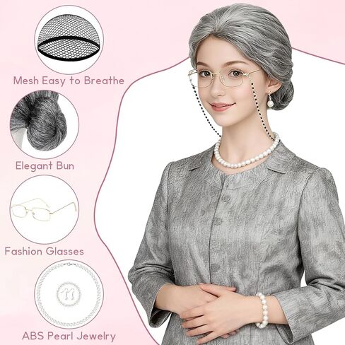 PLULON 7Pcs Grandma Wig Old Lady Costume Set, Gray Funny Wig with Cap Granny Accessories for 100 Days of School Costume Halloween Fun Cosplay Party Supplies in Saudi Arabia