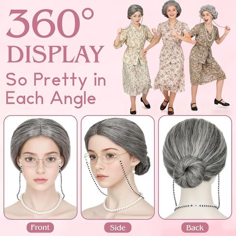 PLULON 7Pcs Grandma Wig Old Lady Costume Set, Gray Funny Wig with Cap Granny Accessories for 100 Days of School Costume Halloween Fun Cosplay Party Supplies in Saudi Arabia