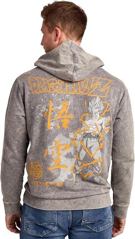 Bioworld Dragon Ball Z Super Saiyan Goku & Kanji Men's Gray Mineral Wash Long Sleeve Hooded Sweatshirt in Saudi Arabia