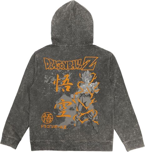 Bioworld Dragon Ball Z Super Saiyan Goku & Kanji Men's Gray Mineral Wash Long Sleeve Hooded Sweatshirt in Saudi Arabia