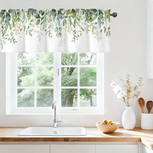 Spring Wildflower Flower Valance for Windows,Window Treatment Curtains Rod Pocket Sheer Small Short Valance for Kitchen Bathroom Laundry Basement,42Wx12L inch,Watercolor Eucalyptus Leaves in Saudi Arabia