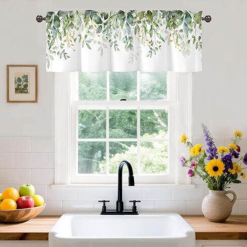 Spring Wildflower Flower Valance for Windows,Window Treatment Curtains Rod Pocket Sheer Small Short Valance for Kitchen Bathroom Laundry Basement,42Wx12L inch,Watercolor Eucalyptus Leaves in Saudi Arabia