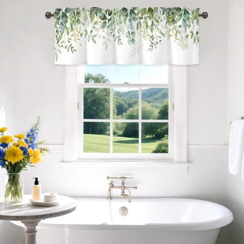 Spring Wildflower Flower Valance for Windows,Window Treatment Curtains Rod Pocket Sheer Small Short Valance for Kitchen Bathroom Laundry Basement,42Wx12L inch,Watercolor Eucalyptus Leaves in Saudi Arabia