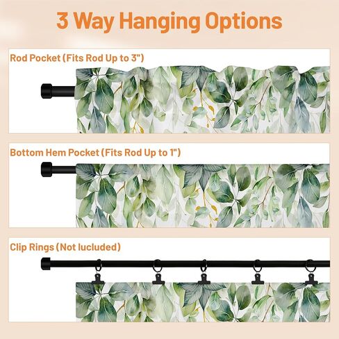 Spring Wildflower Flower Valance for Windows,Window Treatment Curtains Rod Pocket Sheer Small Short Valance for Kitchen Bathroom Laundry Basement,42Wx12L inch,Watercolor Eucalyptus Leaves in Saudi Arabia