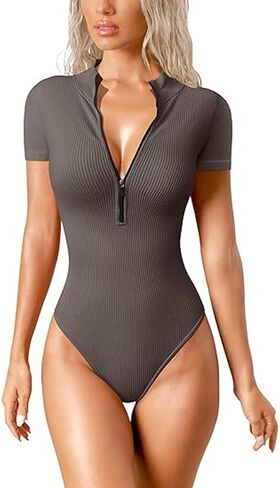 Women's Short Sleeve Ribbed Bodysuits Summer One Piece Zip Front Body Suits Tops T Shirts in Saudi Arabia